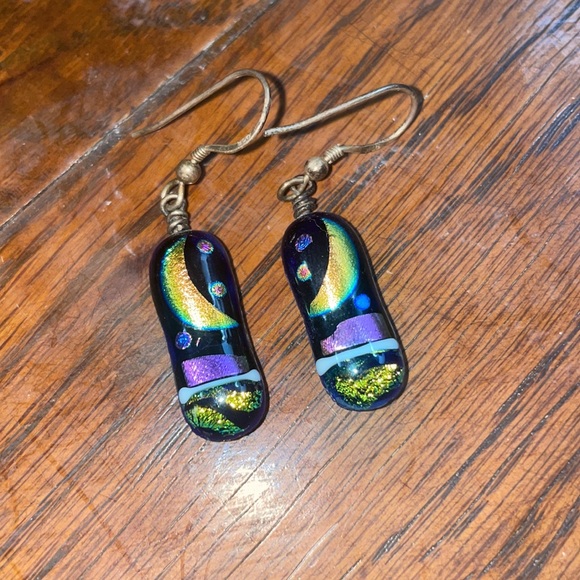 2/$50 FUSED GLASS DANGLING EARRINGS, Painted Moon, Multi Colored & Sparkly - Picture 3 of 3